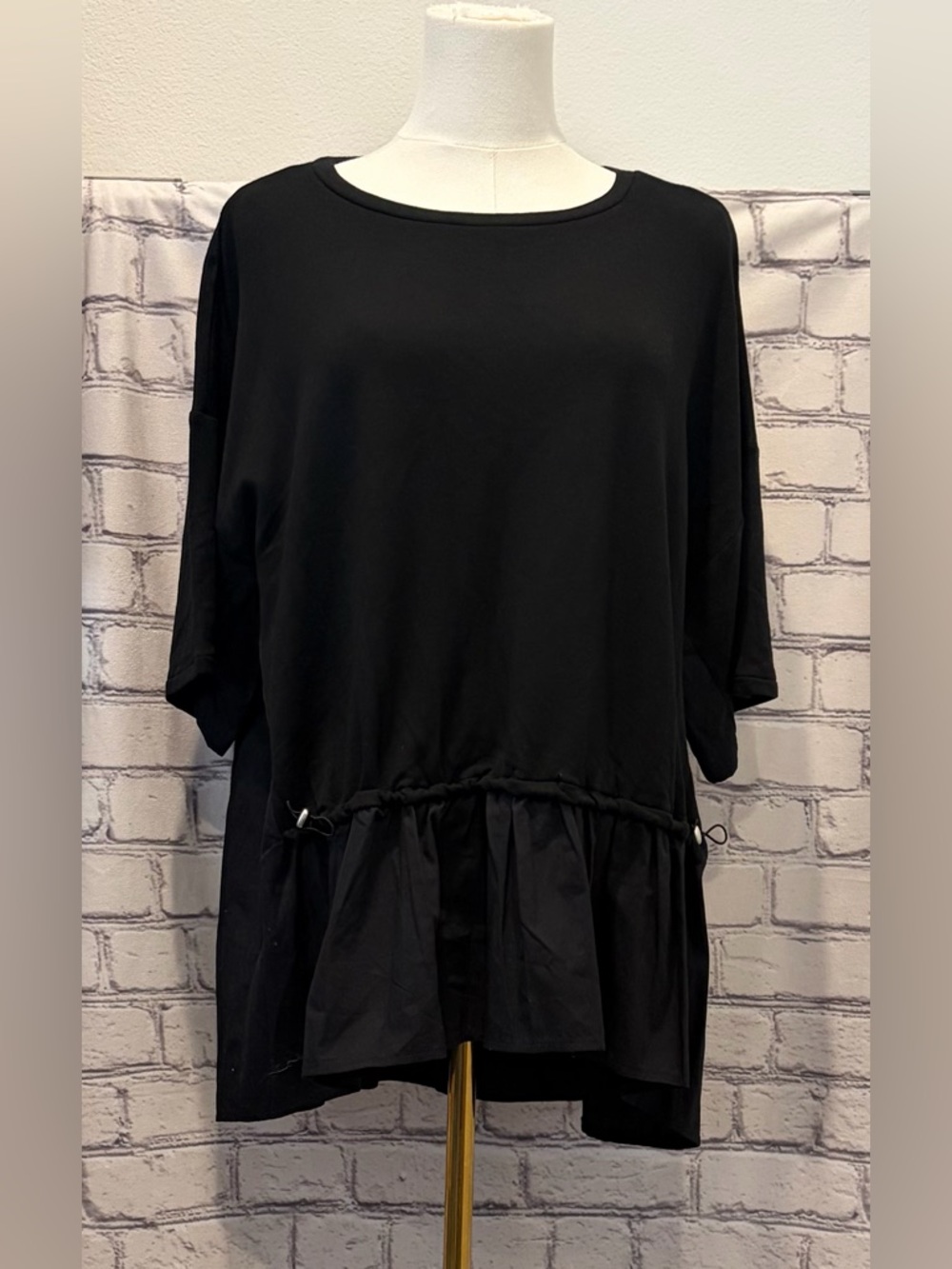 Adrianna Papell:XL Black Women's Layered Ruffle Hem Top Terry Elbow Sleeve